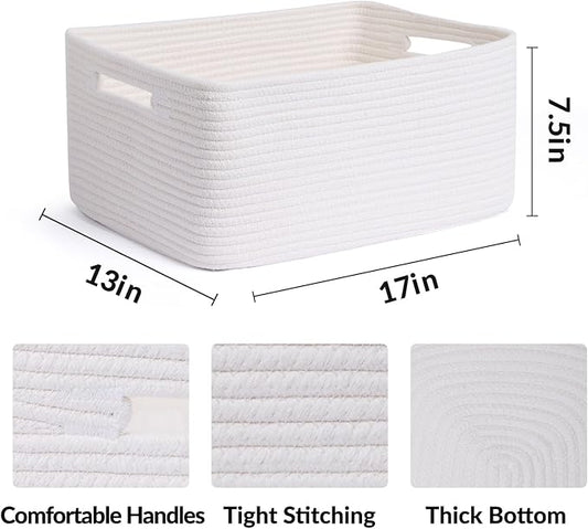 MiniArk Large Storage Baskets for Organizing, Closet Shelf Baskets for Clothes Blanket Towels, Baby Nursery, Toy Bins Box, Woven Rope Baskets, 17 x 13 x 7.5”, 4 Packs Off White