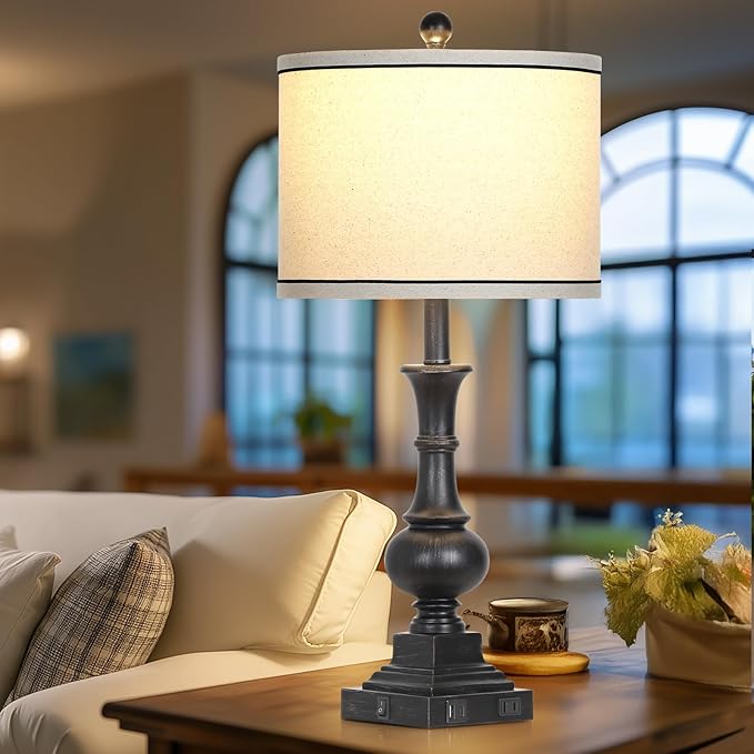 luxeflow Farmhouse Table Lamps Set of 2, Vintage Bedside Lamps with USB A+C Charging Ports & AC Outlet, 26" Rustic Nightstand Lamp for Living Room Bedroom End Table Wash Black(2 LED Bulbs Included)