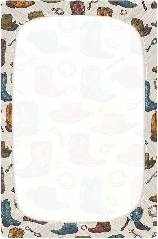 Western Cowboy Boots Vintage Crib Sheets Soft Breathable Fitted Baby Crib Sheets Mattress Cover for Girls Boys 52" x 28" x 9"