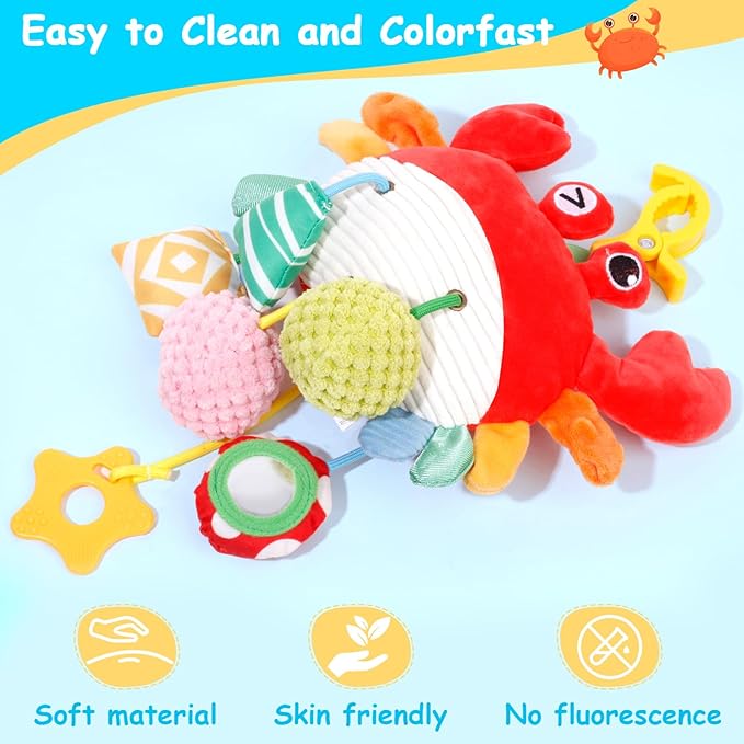 Car Seat & Stroller Toys for Babies 0-6 Months, Crab Baby Car Seat Toys for Boys Girls, Infant Newborn Stroller Toys with Beep, Mirror, Small Bell, Baby Teether, and Soft Ball for Ages 0 Months and Up