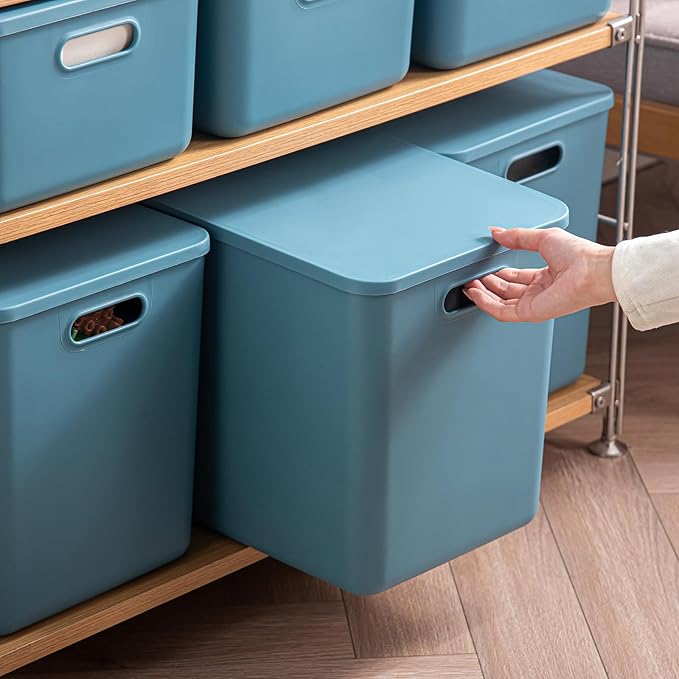 GUMEIGODA Plastic Storage Bins with lids,Storage Baskets,Container with handle,Storage Organizer Bins for Shelves,Office,Bedrooms,Closets, Cabinets (Blue, 5XL+2L)