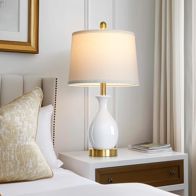 luxeflow 24" White Ceramic Table Lamps Set of 2 for Bedroom, Modern Classic Bedside Lamps for Nightstand, Small Table Lamp for Living Room Side Table (2 LED Bulbs Included)