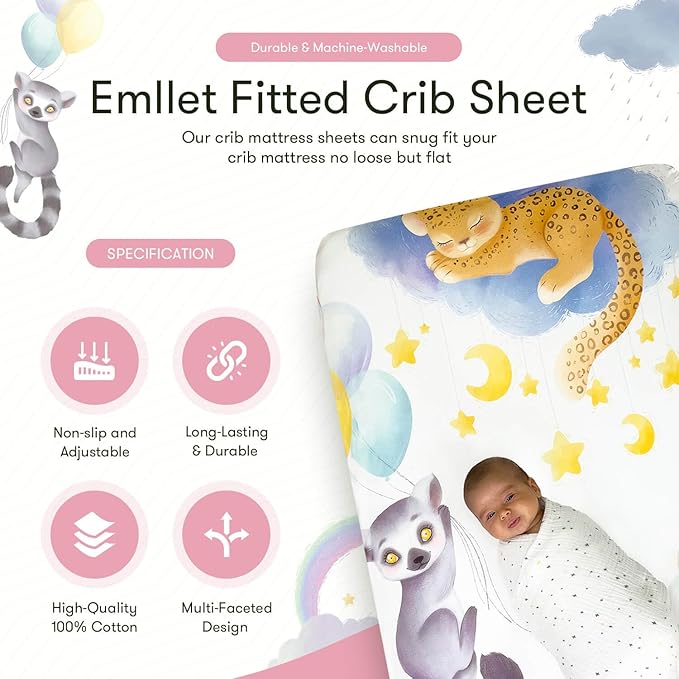 100% Cotton Fitted Crib Sheet, Rainbow Safari Animals Design, Sleepy Jaguar Elephant Lemur Pattern, Fits Standard 52 x 28 in Crib Mattress