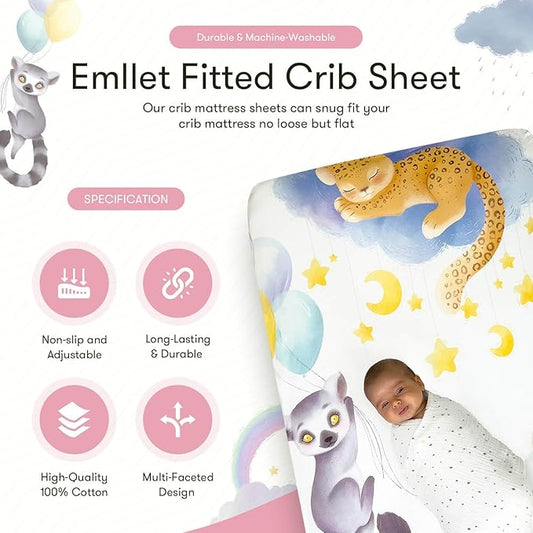 100% Cotton Fitted Crib Sheet, Rainbow Safari Animals Design, Sleepy Jaguar Elephant Lemur Pattern, Fits Standard 52 x 28 in Crib Mattress