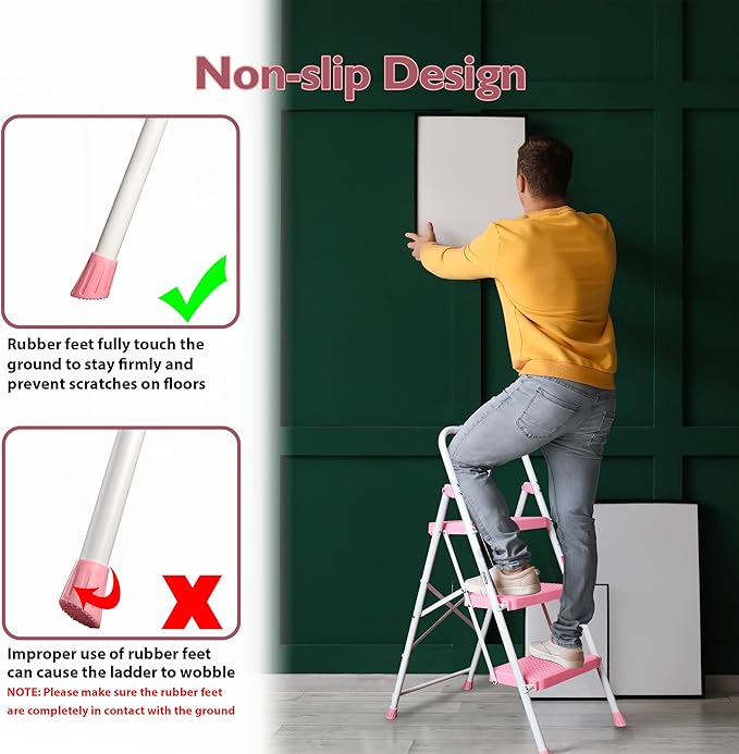 BONTEC 3-Step Ladder, Folding Step Stool, 600lbs Max Load Capacity, Sturdy Steel, Non-Slip Pedals, Lightweight, Portable Steel Ladder with Convenient Handrail, Safety Design for Home & Work, Pink