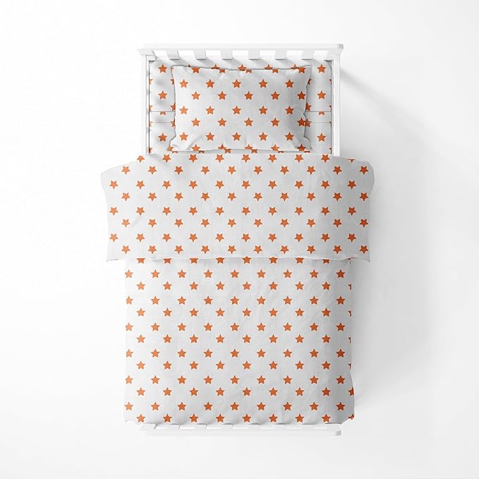 Bacati - Muslin Ikat Stars 4 Piece Neutral Toddler Bedding Set 100 Percent Cotton Includes Reversible Comforter, Fitted Sheet, Top Sheet, and Pillow Case (4 pc Toddler Bedding Set, Orange Stars)