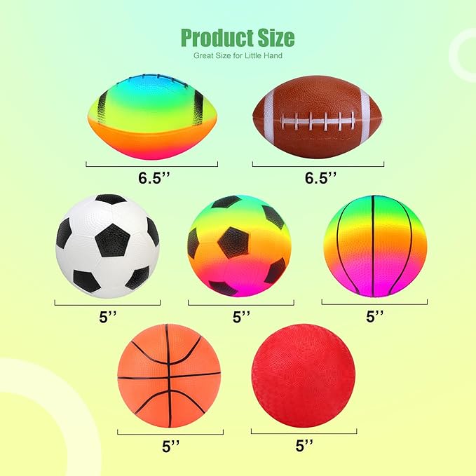 Balls for Toddlers Kids, Soft 7 Pack 5" Small Balls Easy to Grip - Footballs Soccer Basketball Kickball Playground Ball for Home Yard Pool - Boys Girls Birthday Gift or Stocking Stuffers