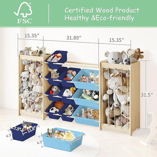 EXPERLAM Toy and Stuffed Animal Storage, 12-Bin Toy Shelf with Double-Sided Stuffed Animal Holder & Thicker Elastic Ropes, Space-Saving Solid Wood Toy Organizer for Playroom, Nursery, Bedroom, Blue