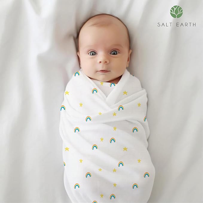 Salt Earth GOTS Certified 100% Organic Cotton 2-Layered Swaddle Baby Blanket, 4 Pack, 47"x47" Receiving Blankets for Swaddling, Wrap for Boy & Girl, Newborn Baby Essentials, Registry(Solids & Rainbow)