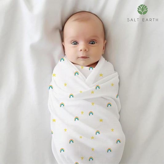 Salt Earth GOTS Certified 100% Organic Cotton 2-Layered Swaddle Baby Blanket, 4 Pack, 47"x47" Receiving Blankets for Swaddling, Wrap for Boy & Girl, Newborn Baby Essentials, Registry(Solids & Rainbow)