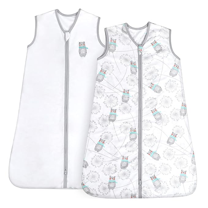 TILLYOU 2 Pack Infant Sleep Sack 0-6 Months 100% Cotton Wearable Blanket 0.5 TOG Sleeveless Summer Sleep Sacks with 2-Way Zipper, Gray Bear & White