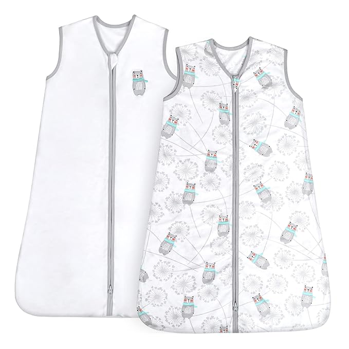TILLYOU 2 Pack Baby Sleep Sack 12-18 Months 100% Cotton Wearable Blanket 0.5 TOG Sleeveless Summer Sleep Sacks with 2-Way Zipper, Gray Bear & White