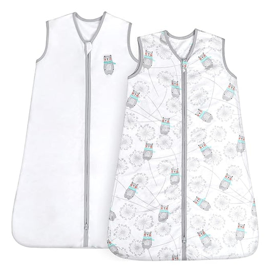 TILLYOU 2 Pack Baby Sleep Sack 12-18 Months 100% Cotton Wearable Blanket 0.5 TOG Sleeveless Summer Sleep Sacks with 2-Way Zipper, Gray Bear & White