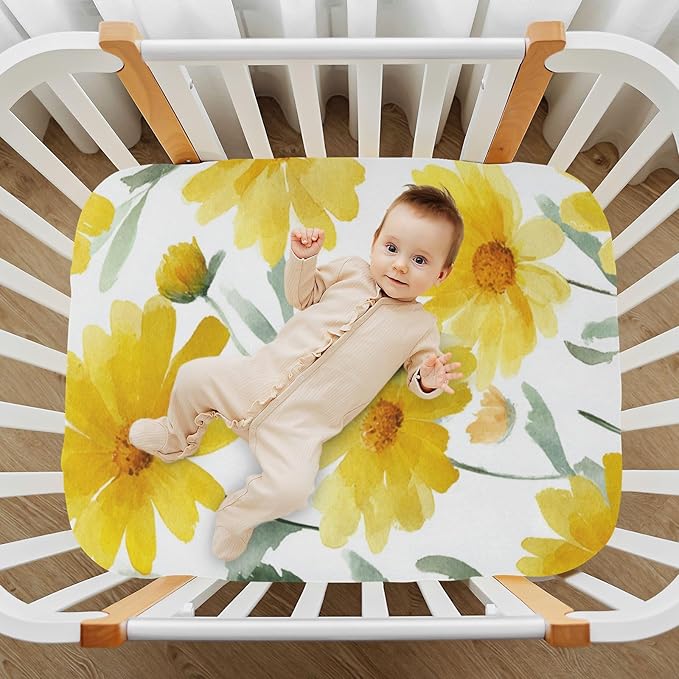 Summer Daisy Yellow Crib Sheets Standard Crib Toddler Mattresses Cover Fitted Baby Bed Sheet Breathable Crib Mattress Sheet for Girls Boys 52" x 28"x5''