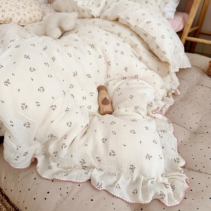 BuLuTu Chic Shabby Vintage Floral Duvet Cover Twin for Kids Girls Boys 100% Cotton Muslin Ruffled Quilt Cover Twin, 68"x86", Primrose Print, Soft Breathable, Zipper Closure, No Pillowcase