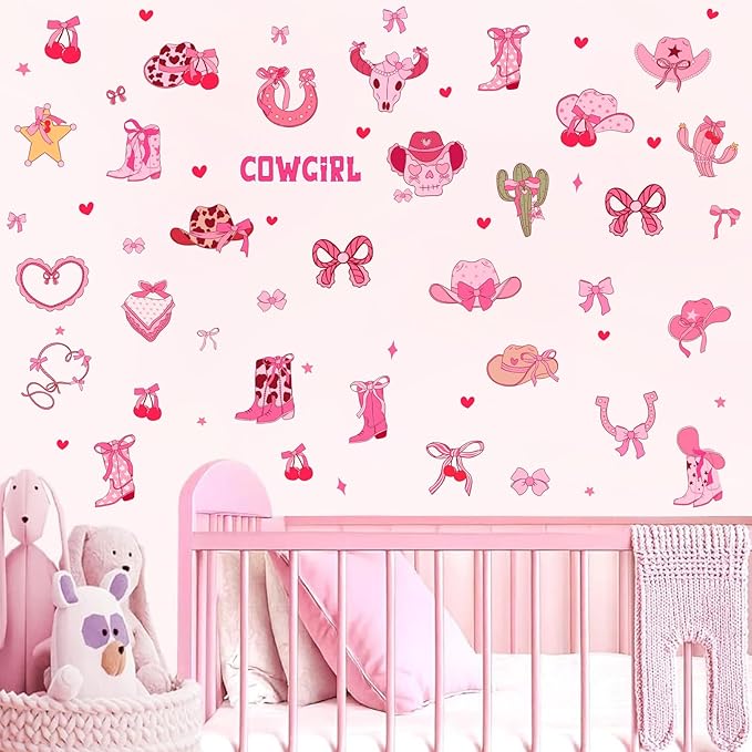 Cowgirl Stickers for Wall Cowgirl Balloon Arch Decoration Vinyl Decals Pink Girls Room Wall Decal Peel and Stick Western Hat Boot Sticker Retro Cherry Bow Art Murals for Kids Bedroom Farmhouse Gifts
