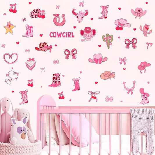 Cowgirl Stickers for Wall Cowgirl Balloon Arch Decoration Vinyl Decals Pink Girls Room Wall Decal Peel and Stick Western Hat Boot Sticker Retro Cherry Bow Art Murals for Kids Bedroom Farmhouse Gifts