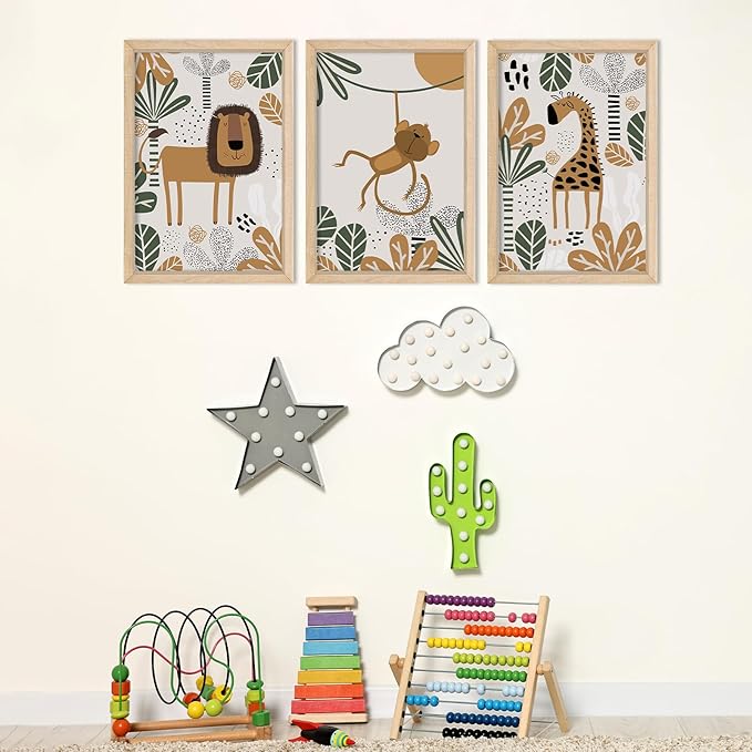 YWJKWLGS Kids Safari Animal Wall Art Set of 3 - Cartoon Lion Monkey Giraffe Prints - 11x16 inch Wood Framed Nursery Decor for Baby/Toddler Room - Boho Jungle Theme Kids Room Wall Decor (Wood)