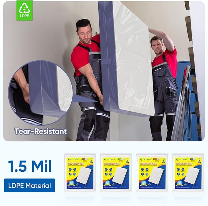 TICONN 2PK Plastic Mattress Bag for Moving Storage, Waterproof Mattress Protector Cover, Heavy-Duty Mattress Moving Supplies (1.5 mil, Twin)