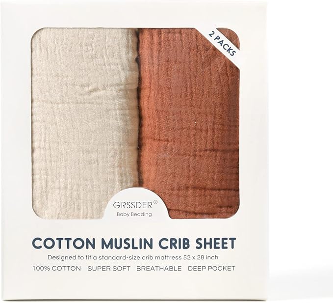 GRSSDER Soft Muslin Crib Sheet 2 Pack, 100% Cotton Crib Sheets for Boys and Girls, Fit Standard Crib Mattresses 52" x 28" Safe and Snug, Brick Red/Beige