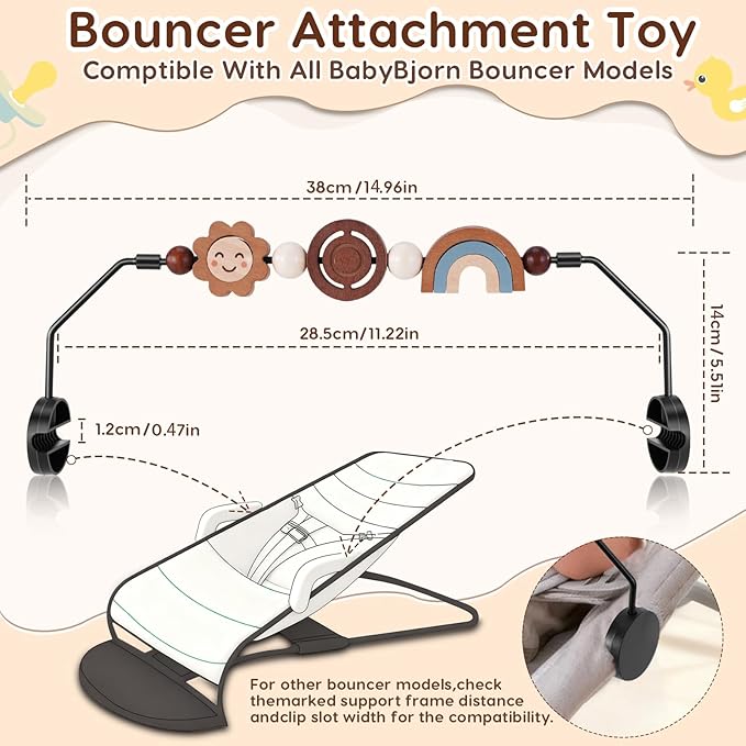 Baby Bouncer Toy Bar Wooden Compatible with Baby Bjorn Bouncer, Durable Wooden Bouncer Toy Bar Attachment, Tight and Secure Fit, Rotatable Sensory Toys for Curious Babies (Flower and Rainbow)