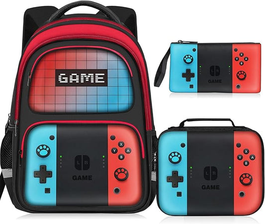 JIRAIKEI Kids Backpack For Boys，Gamer Boys Backpack For Children Teens Elementary Middle School, 17″ Students Bookbag
