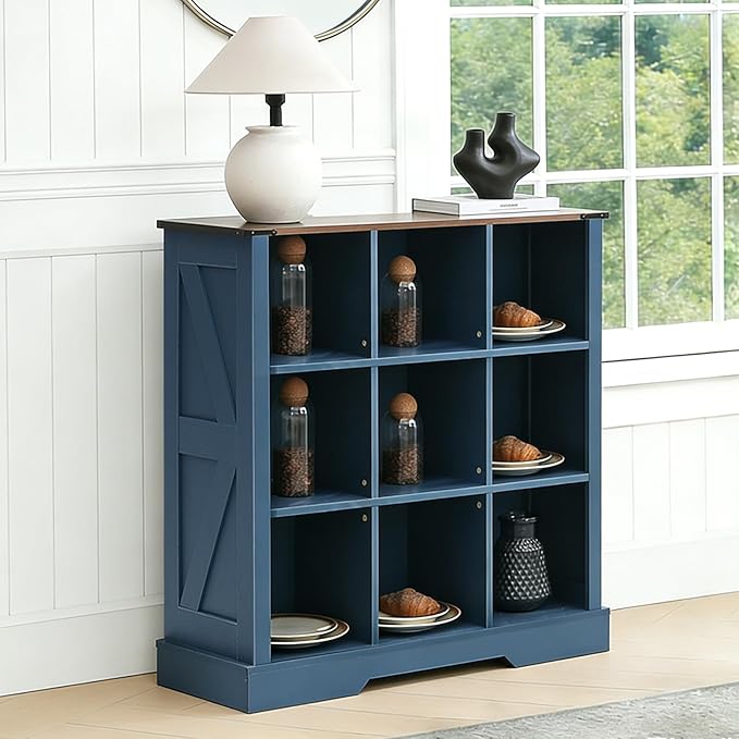Puntogen 9 Cube Storage Organizer, Wood Cube Bookshelf with LED Lights, Horizontal Storage Cubes, Kids Bookshelf, Display Cabinet Cubby Shelf for Living Room Home Office Bedroom，Navy Blue