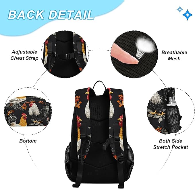 Jucciaco Roosters and Hens Kid's Backpack with Lunch Bag for Boys Girls Travel School Backpack Sets