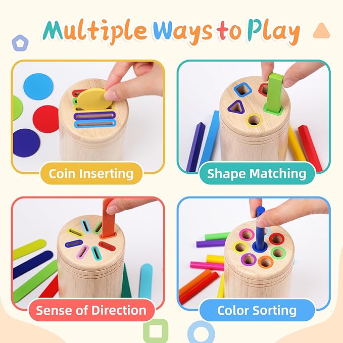 4 in 1 Montessori Toys for 2 3 4 Year Old, Wooden Color Sorting Toys for Toddlers 1-3, Preschool Learning Activities Fine Motor Matching Games, Stocking Stuffers for 18 Month Old Kids