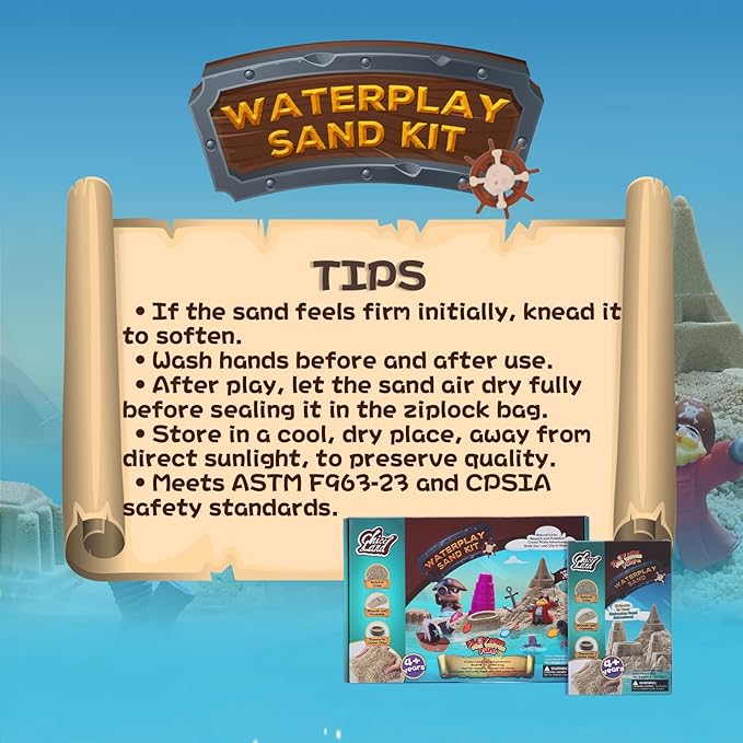 Waterplay & Sensory Sand Kit – 2.2lb Pirate Adventure Play Sand for Kids Ages 4+, Water & Sandbox Play with Molds, Gems & Tools, Mess-Free, Non-Toxic Sensory Bin Filler