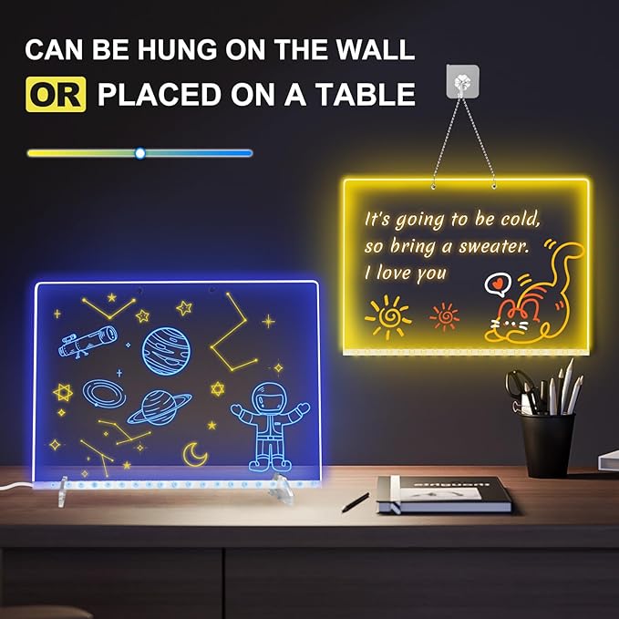 LED Note Board with 8 Colors 6 Modes -13.7"X10" Acrylic Dry Erase Board, Led Drawing Board Includes Adapter, 14 Markers, Tracing Paper, Sketching Gifts for Kids/Girls/Teens