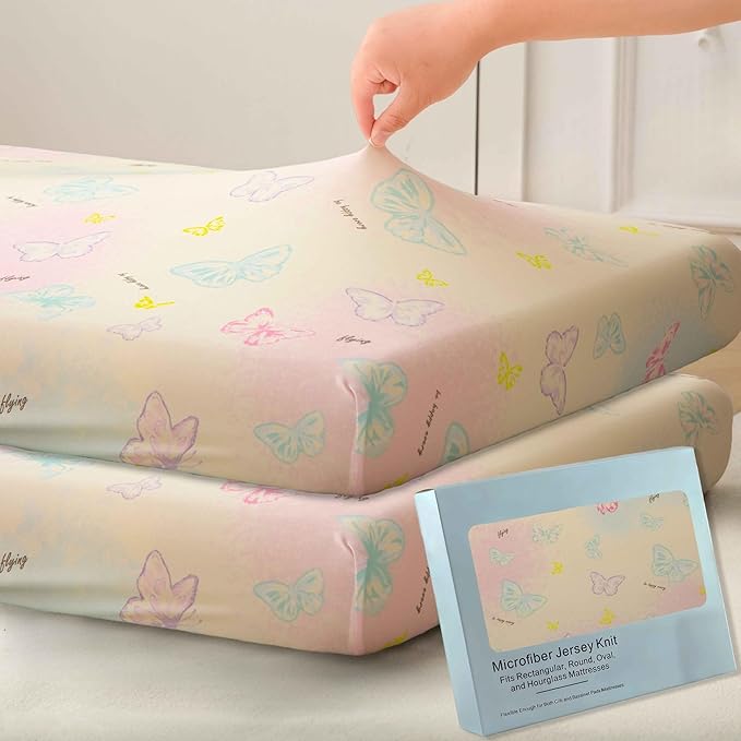 Jersey Butterfly Crib Sheets for Baby Girls,52”x28”x8, 2 Pack,Pink Cute Kawaii Standard Oval/Retangle Fitted Crib Sheets for Toddler,Super Soft Breathable