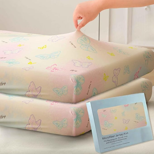 Jersey Butterfly Crib Sheets for Baby Girls,52”x28”x8, 2 Pack,Pink Cute Kawaii Standard Oval/Retangle Fitted Crib Sheets for Toddler,Super Soft Breathable