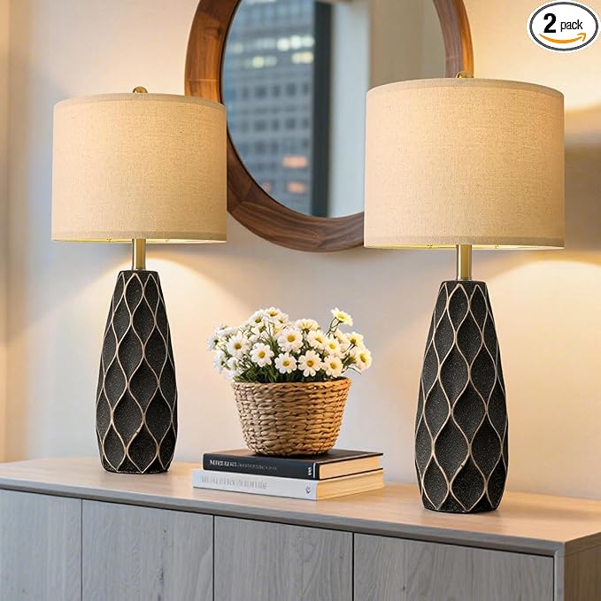 PORTRES 27.5" Ceramic Table Lamps for Bedroom Living Room Lamps Set of 2 Modern Bedside Nightstand Lamp Farmhouse Vintage Rustic Boho Retro Large Table Lamps Light Home Office Desk Deco Gifts, Black