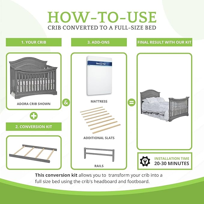 Full-Size Conversion Kit Bed Rails for Evolur Cribs - Solid Wood Crib Convertible Kit to Kids Bed - Transitional Style Rails & Easy-to-Install Child Essentials for Safety (Storm or Steel Grey)