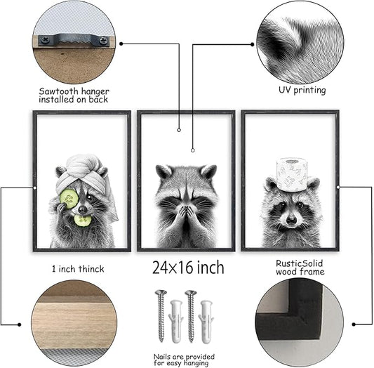 Funny Raccoon Bathroom Wall Decor Art 24x16 Inch Set of 3 Fun Bathroom Modern above the Bathtub Sign Rustic Restroom Farmhouse Cute Washroom Animal Prints Wood Framed Wall Hanging (Black)