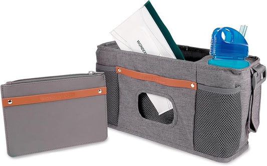 WONDERFOLD Universal Parent Console Stroller Organizer with Insulated Cup Holders, Hook & Loop Closure Handle Attachment, 2 Storage Pockets, Removable Shoulder Strap for Easy Transport