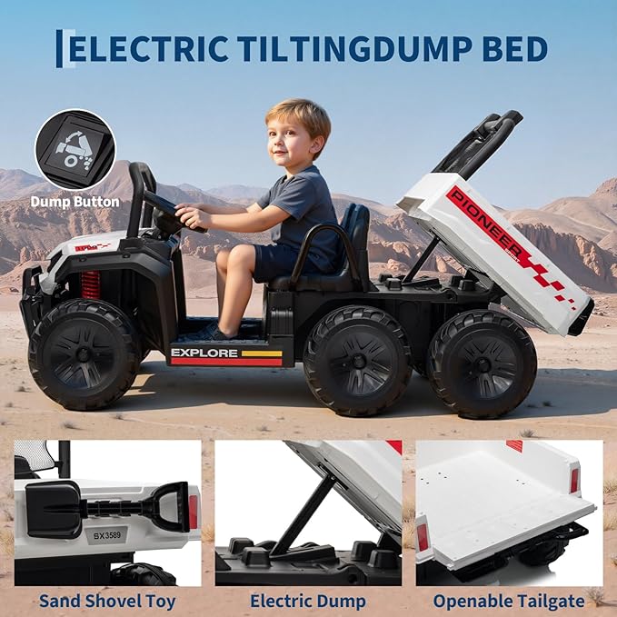 24V 4WD Electric Ride-on Dump Truck for Kids, 2-Seater with Parental Remote Control, 3 Speeds, All-Terrain Off-Road Toy Car for Boys Girls, White