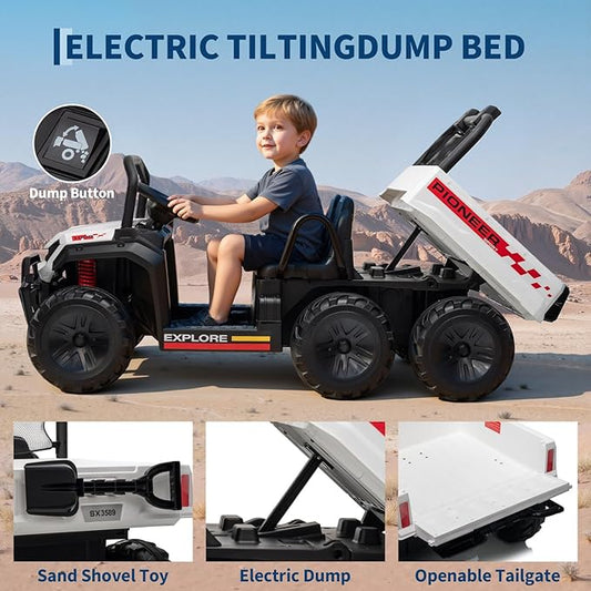 24V 4WD Electric Dump Truck for Kids, 2 Seater Remote Control Ride On Car with Dump Bed, All Terrain Vehicle Toy for Boys & Girls 3-8 Years Old, White