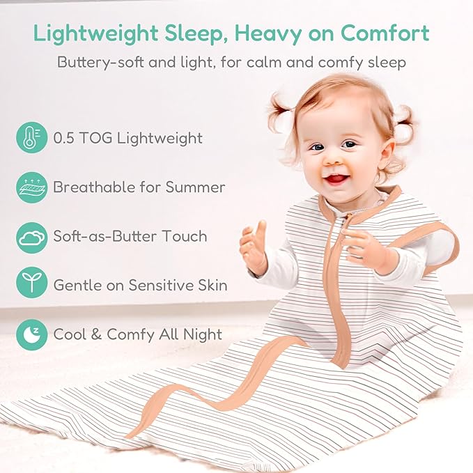 Baby Sleep Sacks Lightweight, Soft & Breathable 0.5 TOG Wearable Blanket with Zipper, 3-Pack 0-3-6-12-24-4T