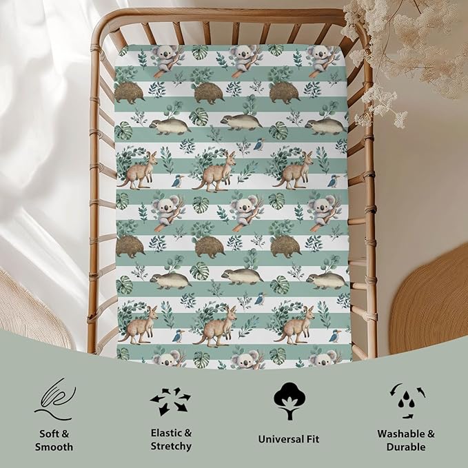 Australian Animals Tropical Leaves Baby Crib Sheets for Boy Girl 28"x52" Koala Green Stripes Soft Stretchy Fitted Crib Mattress Cover Native Australia Baby Sheet for Standard Crib & Toddler Mattress