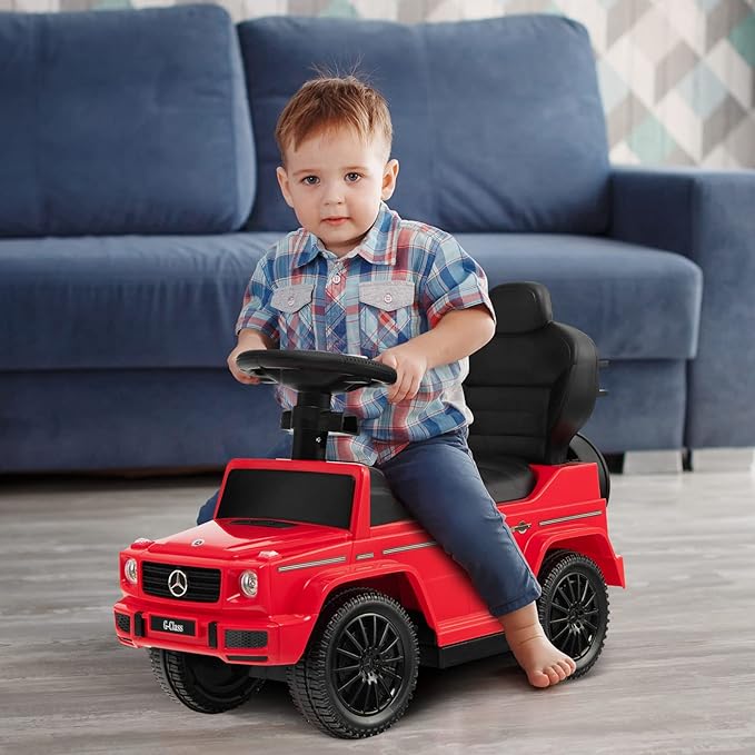 Costzon Push Car for Toddlers, 3 in 1 Mercedes Benz Stroller Sliding Walking Car w/Canopy, Handle, Armrest Guardrail, Underneath Storage, Horn, Foot-to-Floor Ride On Toy for Boys Girls, Red