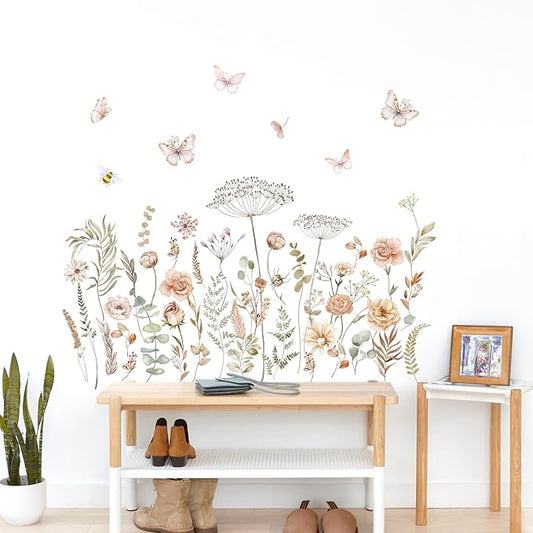 fufuquare Watercolor Boho Wildflower Wall Decals Dandelion Flower Grass Butterfly Wall Stickers Vintage Art Baby Nursery Girls Bedroom Kids Living Room Home Decor