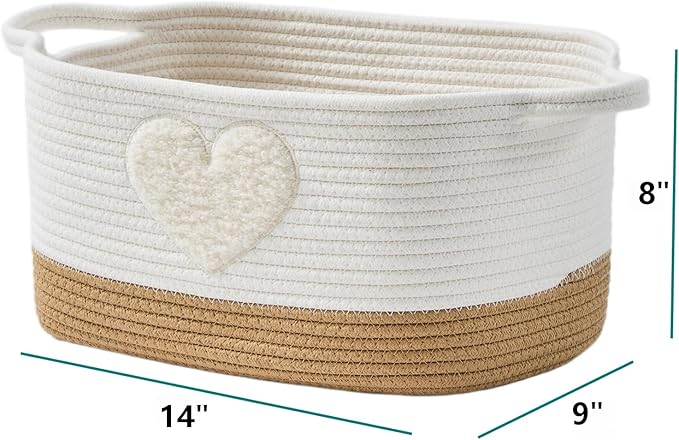 BUBUSUN Storage Bins Woven Baskets for Storage Set of 3, Cotton Rope Basket with Handles for Toys/Shelves/Laundry, Rectangle Multi-Purpose Organizer for Living Room, Bedroom, Nursery (Heart)