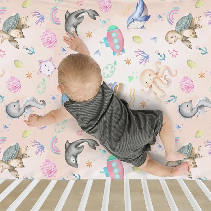 Colorful Ocean Animals Baby Crib Sheets for Boy Girl 52x28Inch Sea Horse Turtle Whale Rainbow Corals Soft Snug Fitted Crib Mattress Cover Marine Life Baby Sheet for Standard Crib & Toddler Mattress