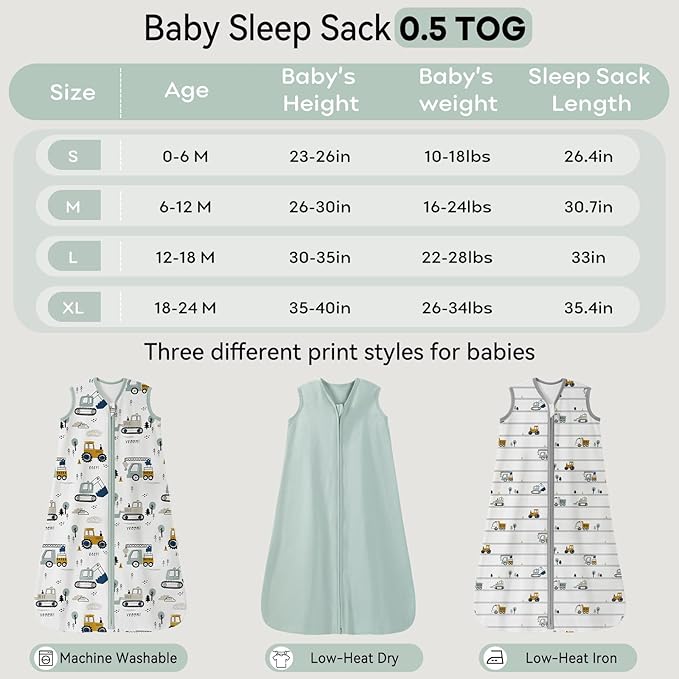 Baby Sleep Sack 12-18 Months 0.5 Tog Wearable Blanket Baby, 3 Pack 100% Cotton Lightweight Sleeping Sack with 2-Way Zipper for Infant Toddler Excavator