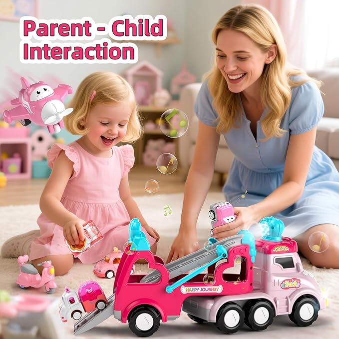 Truck Toys for 2 3 Year Old Girl, 7-in-1 Carrier Truck Car for Toddler Girl, Toys Cars Age 2-3-4 with Light & Music, Birthday Gifts for 2+ 3+ Year Old Girls