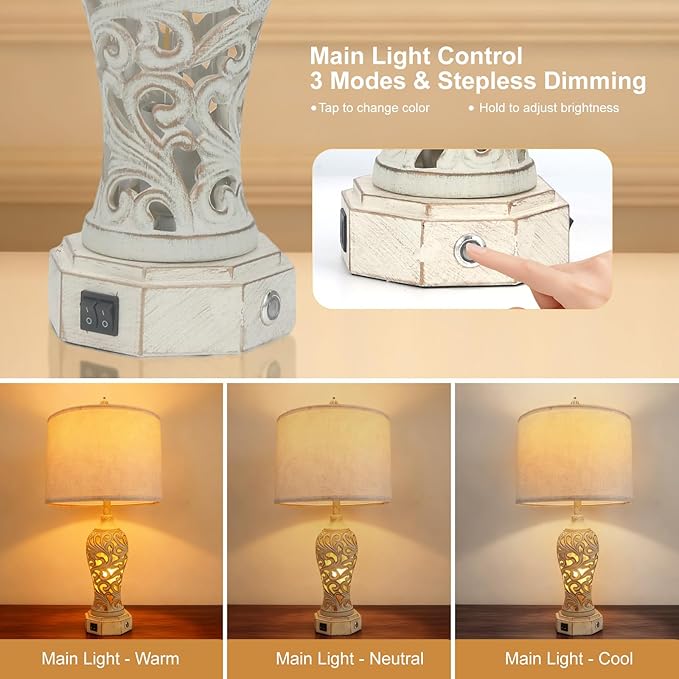 NITEBEE Bedside Lamps Set of 2, Stepless Dimming, 3 Color Temperatures, Bedroom Lamps for Nightstand, Table Lamp with USB Port, Living Room Table Lamp, Farmhouse Lamps for Living Room(Bulbs Included)