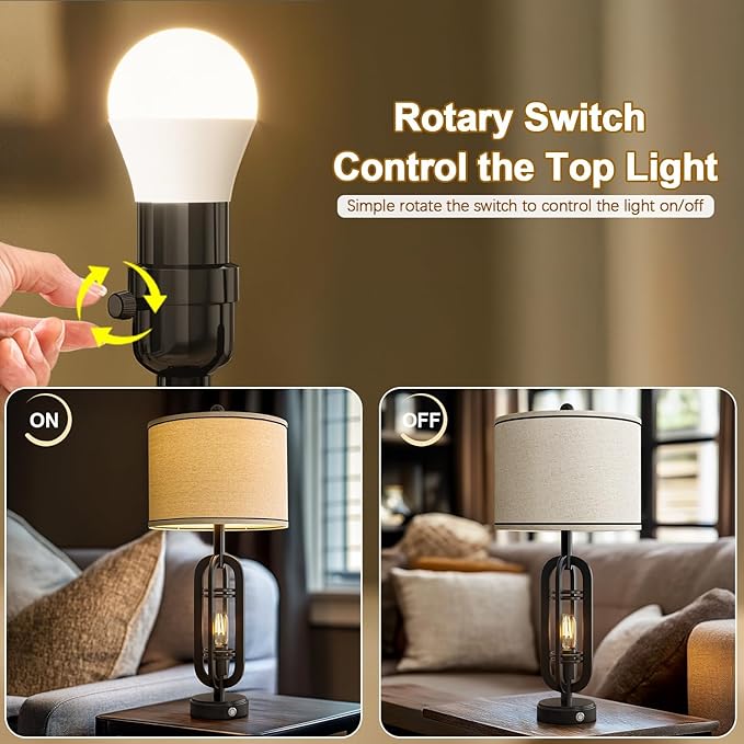 G-SAFAVA 27.25'' Table Lamps Set of 2 for Living Room Bedroom Industrial Farmhouse Metal Touch Lamps with USB A+C Ports, Night Light Vintage Nightstand Bedside Lamp, Bulbs Included, Black