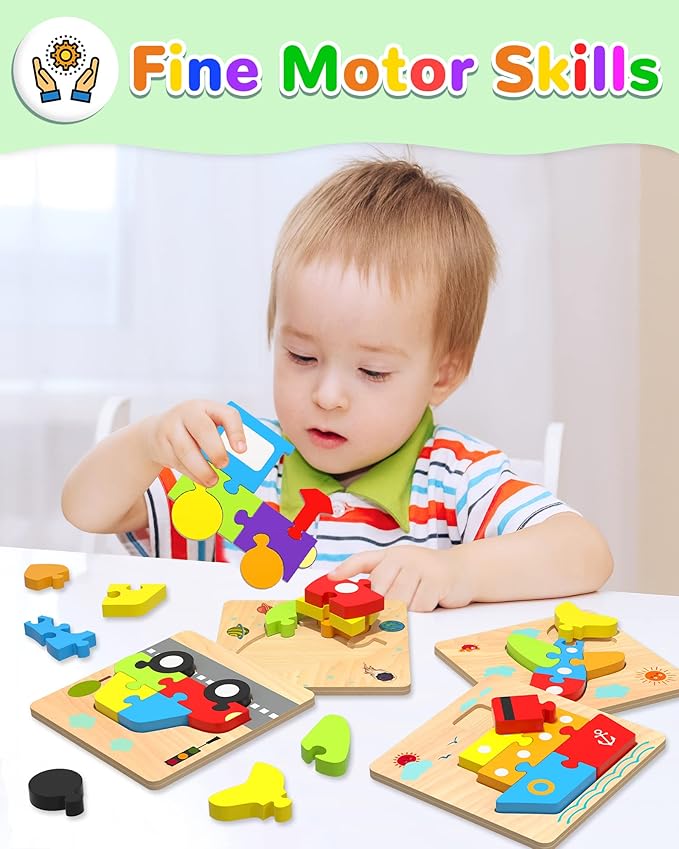 Yetonamr Wooden Toddler Puzzles Gifts Toys for 1 2 3 Years Old Boys Girls, 6 Vehicle Shape Montessori Toys Educational Blocks Stocking Stuffers Kids Gift Baby Learning Toy Age 1-3, 2-4